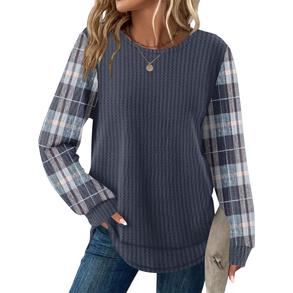 Женский повседневный топ свободного кроя с круглым вырезом и длинными рукавами в клетку
