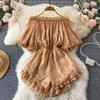 French Gentle Print Rompers Women Sexy Slash Neck Short Sleeve Wide Leg Jumpsuits Summer Fashion Off Shoulder Beach Playsuit