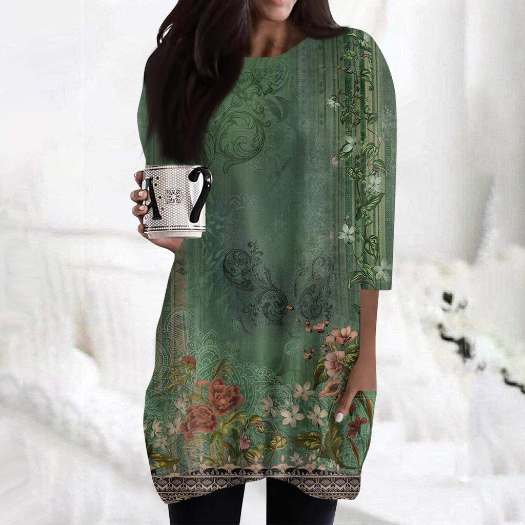Женские повседневные рубашки с рукавами 3/4, модные туники с принтом, топы с карманами
