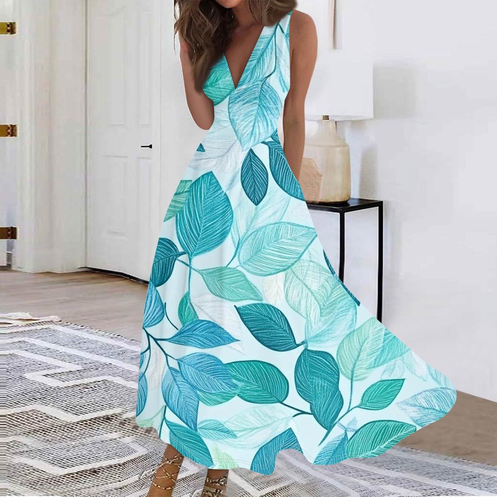 Женские модные повседневные свободные платья с V-образным вырезом без рукавов с принтом