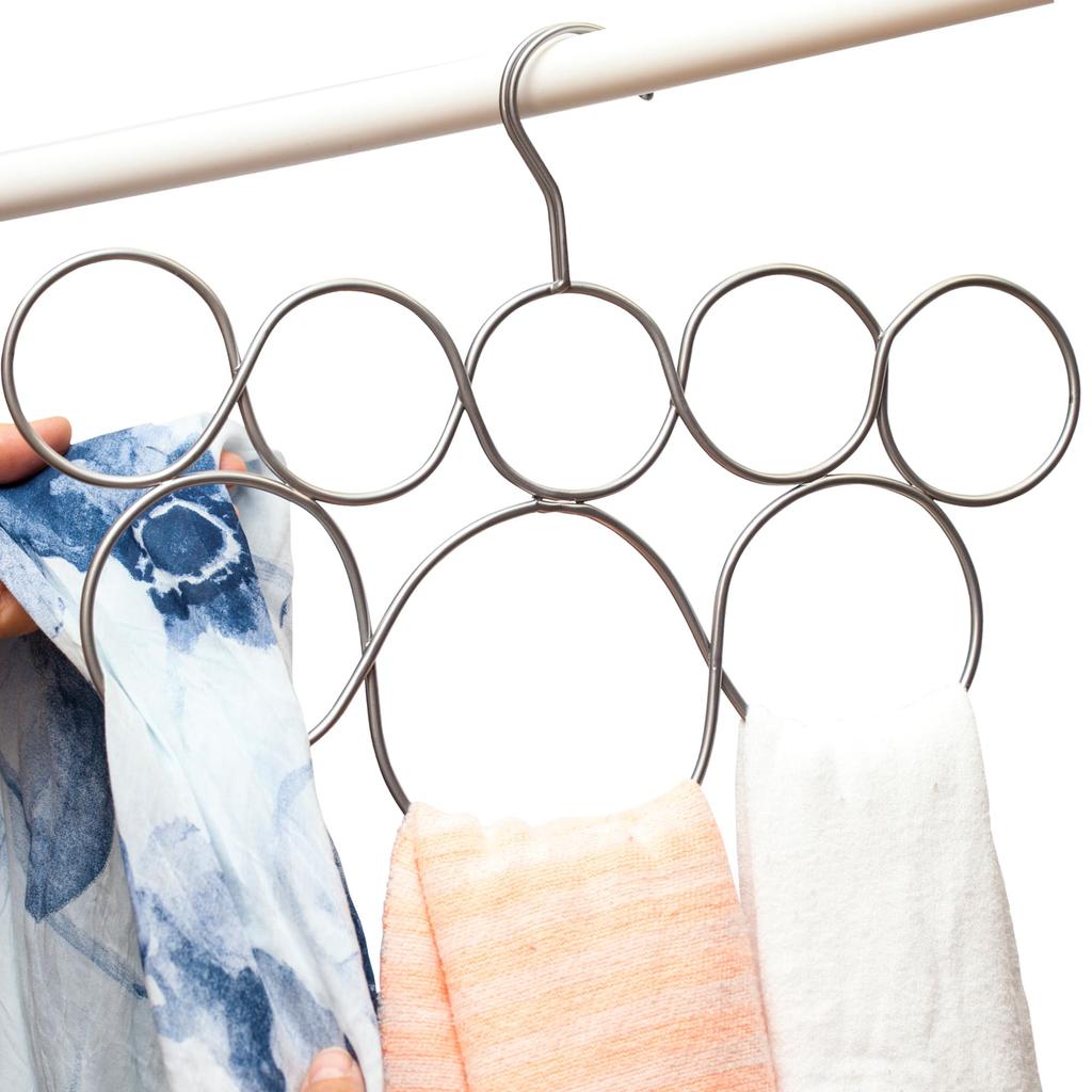 Exultimate Scarf Organizer, Anti-Snagging Closet Scarf Hanger, Space-Saving Scarf Hanger for Closet Organization and Storage, 8 Satin Chrome Rings