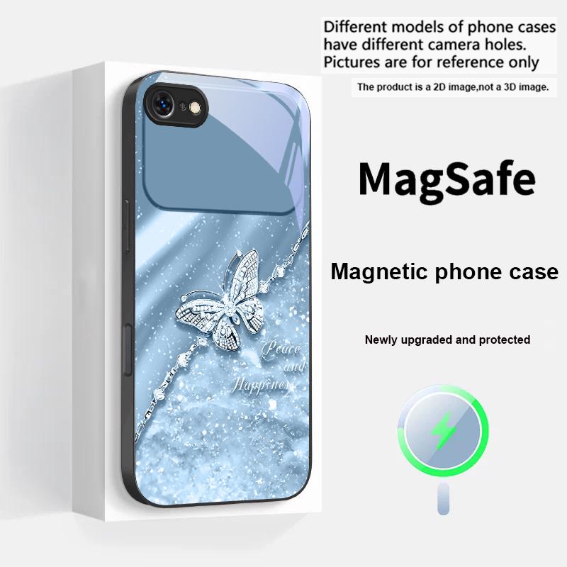 Элегантная синяя бабочка Для iPhone 17 Pro Max 16 E 15 14 13 Plus 12 mini 11 17 Air XR Xs Max 7 Plus Magsafe Стеклянный Чехол для Телефона