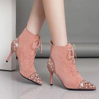 Модные хрустальные туфли на высоком каблуке, роскошные замшевые женские туфли 2025, дизайнерские ботильоны на шнуровке с острым носком, зимний новый тренд, элегантные вечерние женские