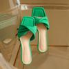 Fashion New Summer Green Orange Women Slippers Solid Color Shoes Classic Square Toe Flip Flops Beach Med Heel Slides Mules