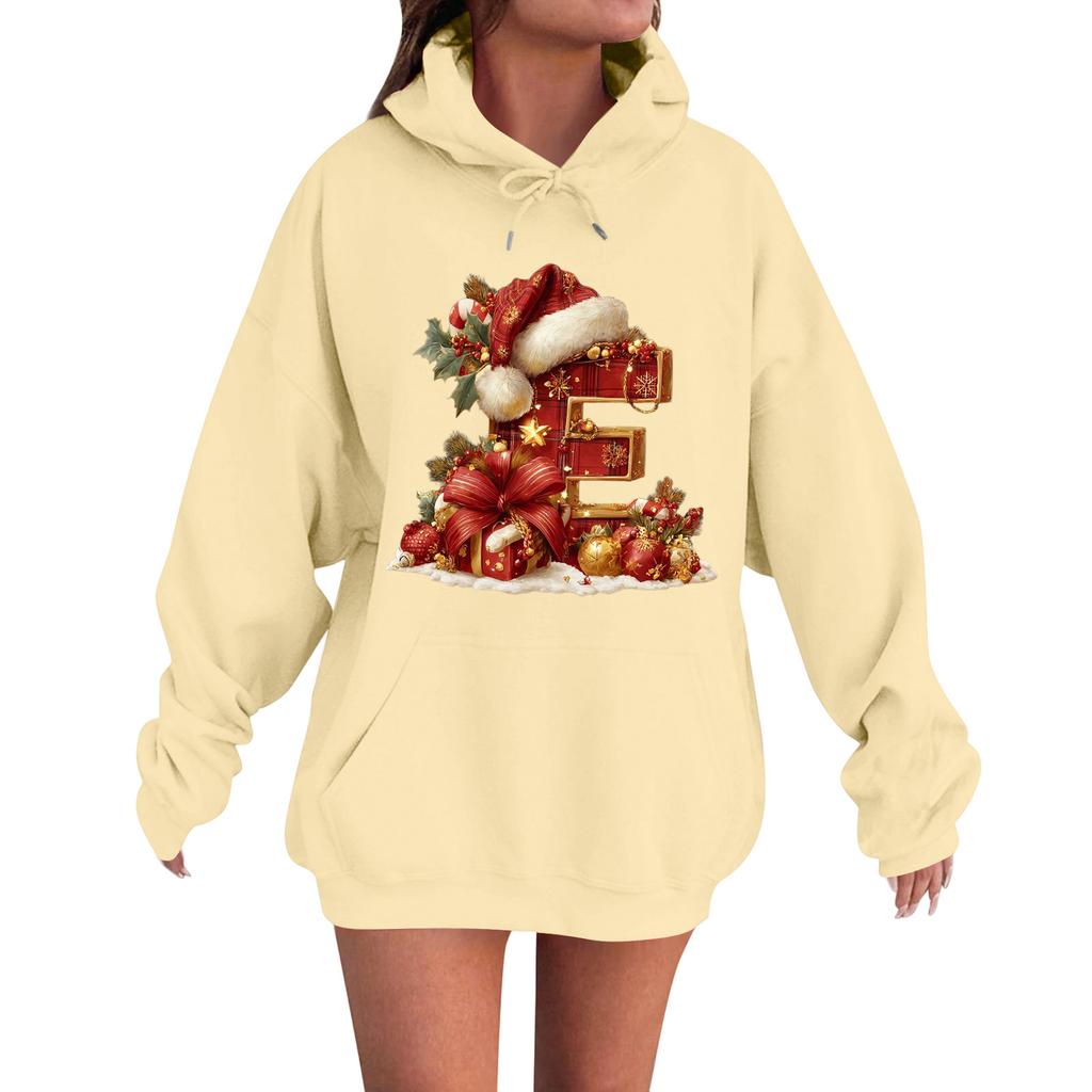 Women's Casual Comfortable Long-Sleeved Christmas Letter-Printed Warm Hooded Crew-Neck Sweatshirt