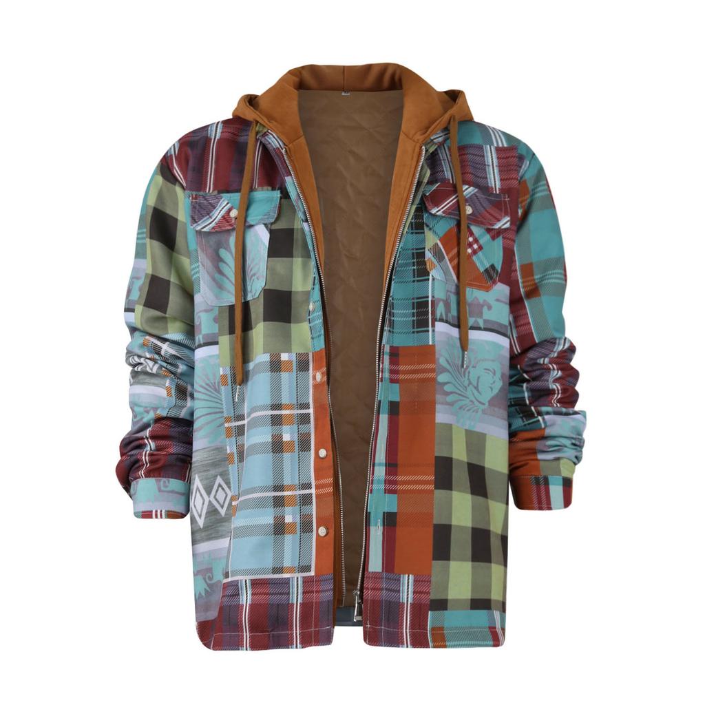 Men's Quilted Lined Button Down Plaid Shirt Add Velvet To Keep Warm Jacket With Hood