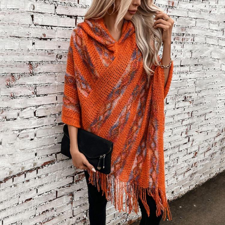 Women Winter Hooded V Neck Loose Knitwear Sweater Bat Sleeve Cardigan Autumn Cross Border Print Cloak