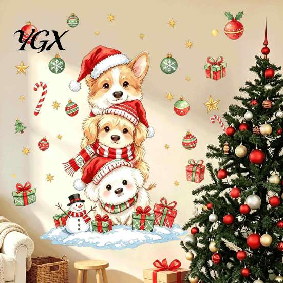Festive Puppy Stickers for Holiday Decor Christmas Wall Decals, Watercolor Stacked Dogs Stickers, Self?Adhesive PVC Xmas Decorative Glass