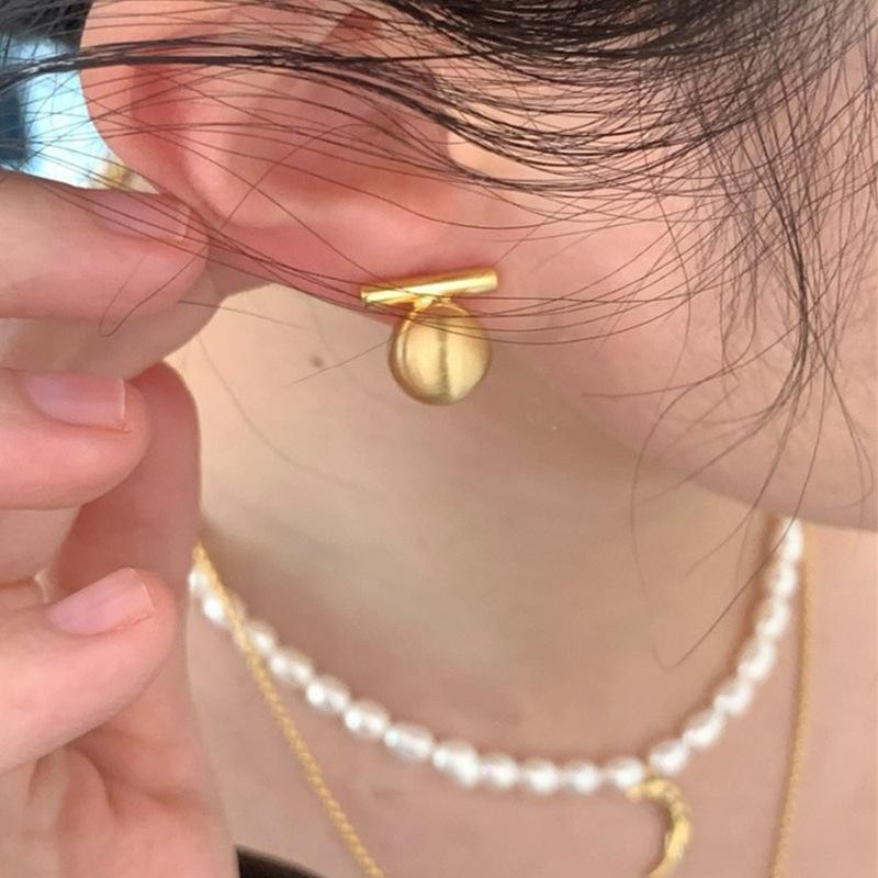 One-Word Brushed Round Metal Ball Stud Earrings Female Niche Simple Personality Fashion Temperament Elegant Versatile Earrings Earrings