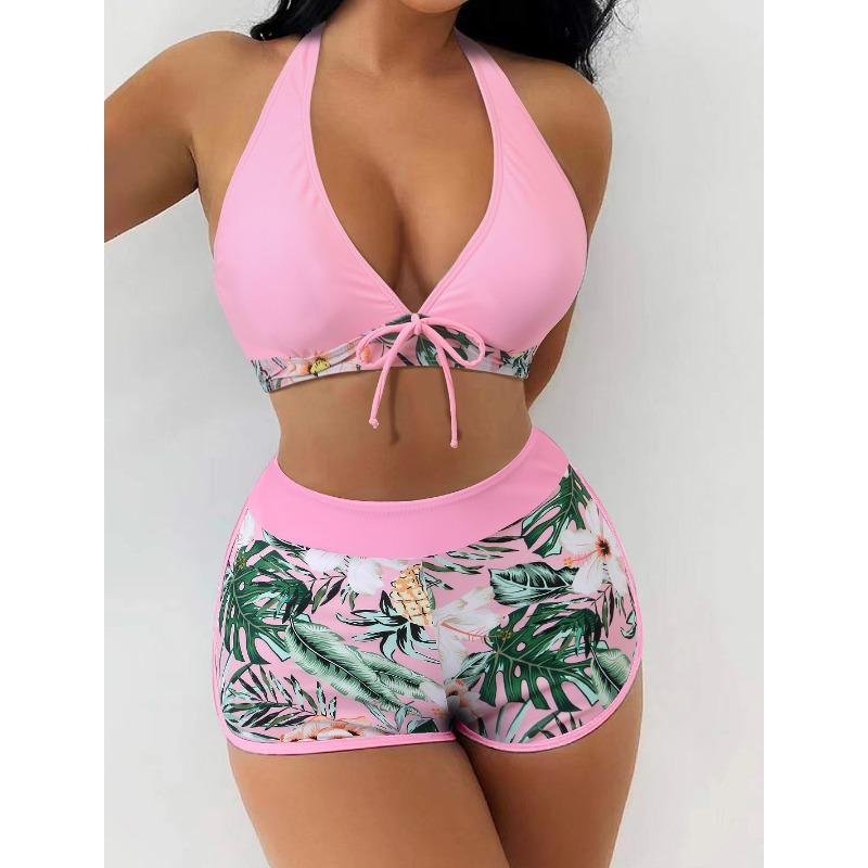 Fashion printed swimsuit new large size women's neck high waist flat angle conservative beach swimsuit