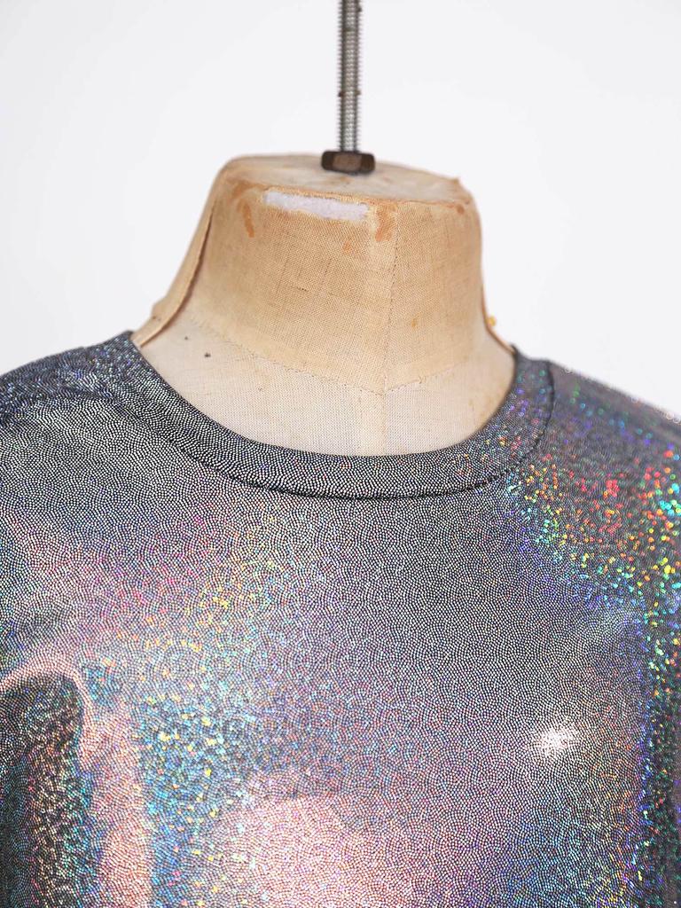 Детская унисекс одежда для девочек и мальчиков, повседневная танцевальная одежда с коротким рукавом, металлизированная блестящая блузка, топ