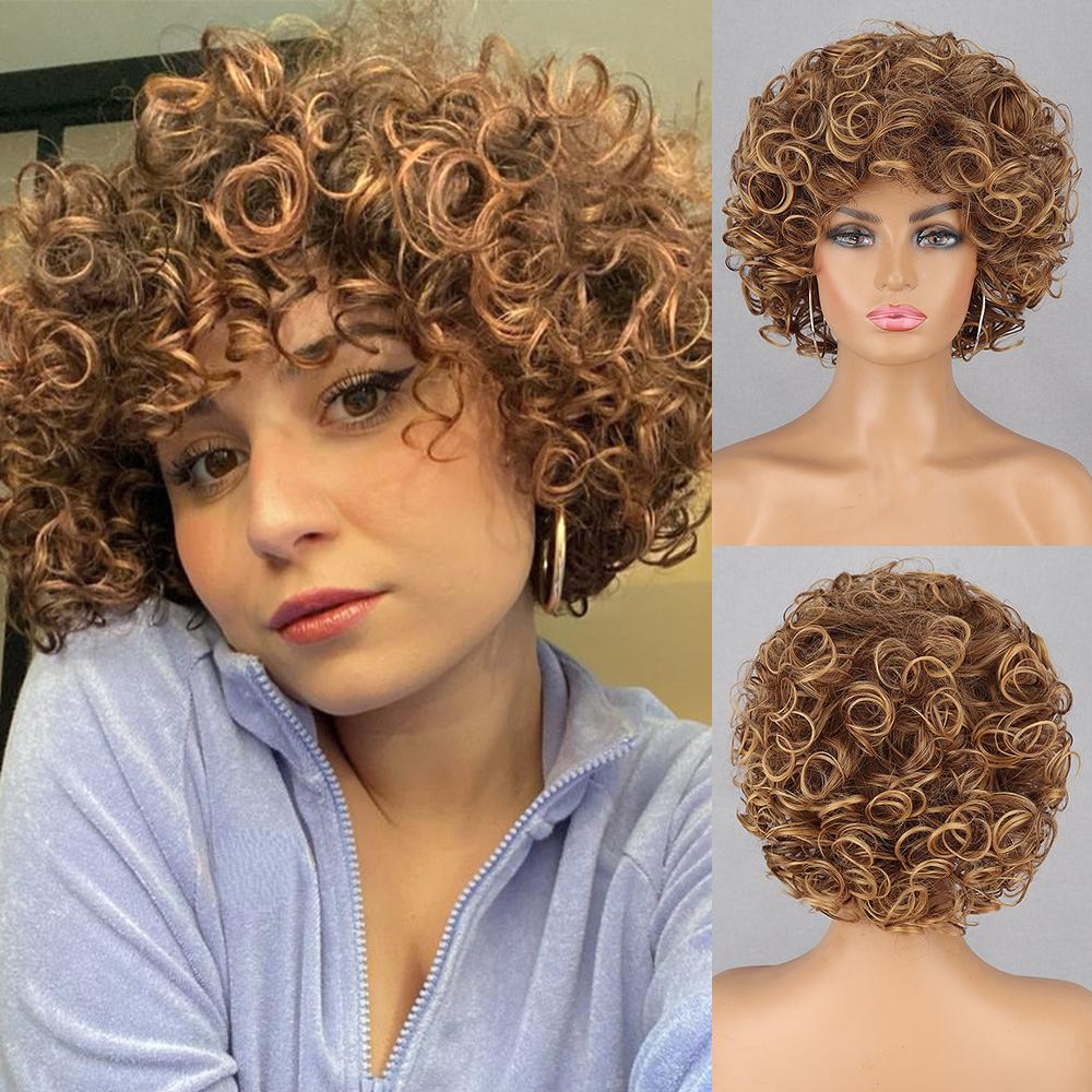 XINRAN Fluffy Wigs Synthetic Short Curly Wig Large Roll Extension Large Short Curly Flexible Soft Natural Full Bob Wigs For Women Cosplay Daily