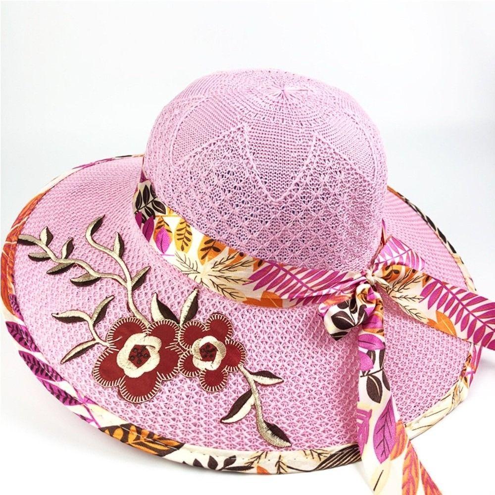 Foldable Flower Embroidery Hat Wide Brim Sun Protection Hat New Panama Hat Outdoor Casual