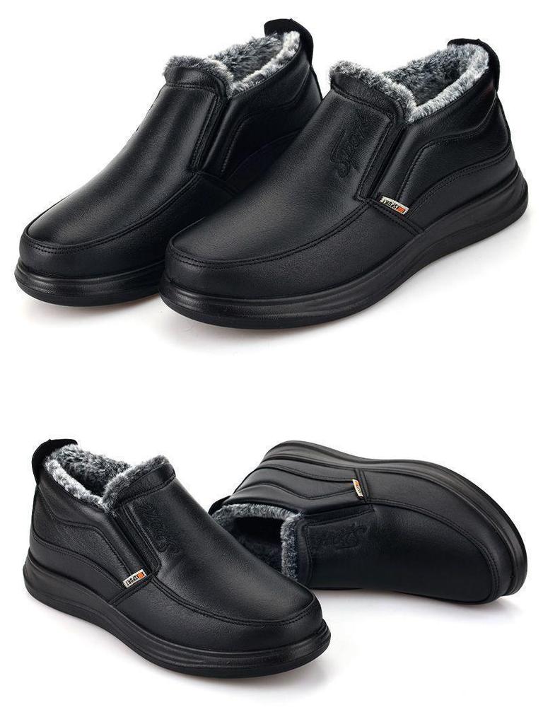 Зимние кожаные теплые хлопковые сноубутсы для среднего и пожилого возраста - Нескользящие, с шерстяной подкладкой, утепленные бархатом кроссовки для пап.