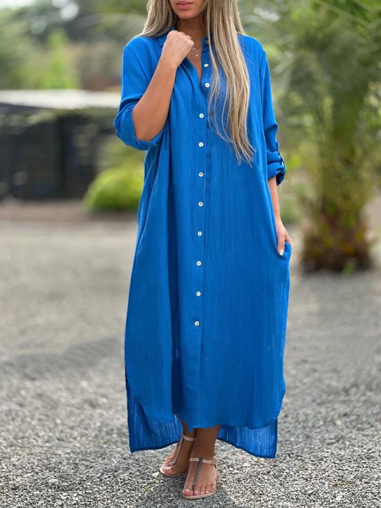 Long Sleeve Maxi Dresses Women Turn Down Collar Casual Cotton Linen Button Shirt Dress