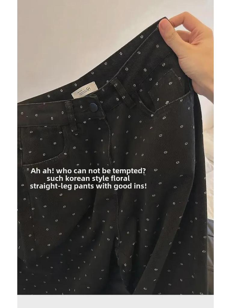 Женские широкие джинсы с высокой талией в черный горошек на осень - Большие размеры