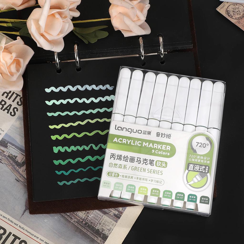 JIANWU 9 Pcs/set Large-capacity Straight Liquid Soft-head Painting Marker Pen Creative DIY Journal Student Supplies Stationery