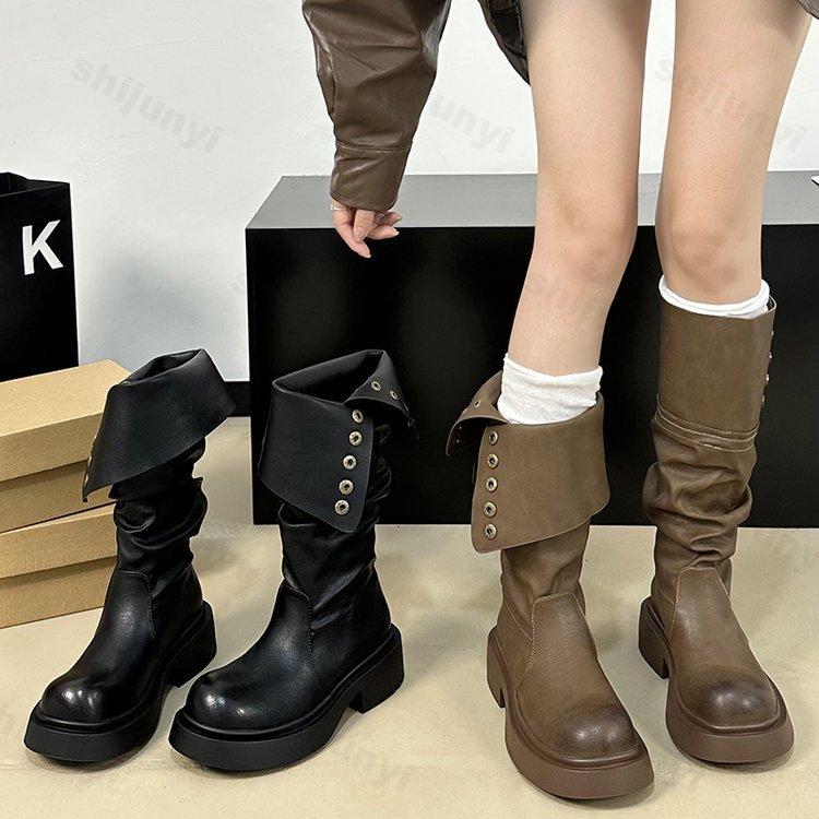 Сапоги до колена женские модные женские сапоги на пуговицах с низким каблуком рыцарские сапоги новые осенне-зимние женские длинные сапоги Zapatos De Mujer