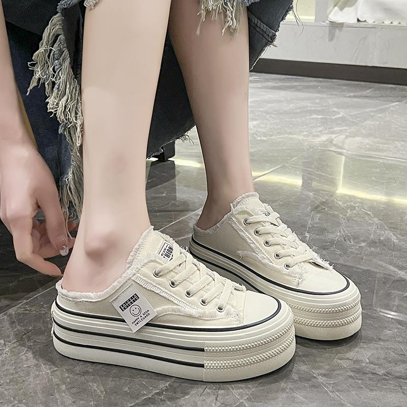 Canvas Half Slippers Women's Thick Sole Slippers Summer New Anti Slip Heel Free Leisure Half Support Platform White Shoes