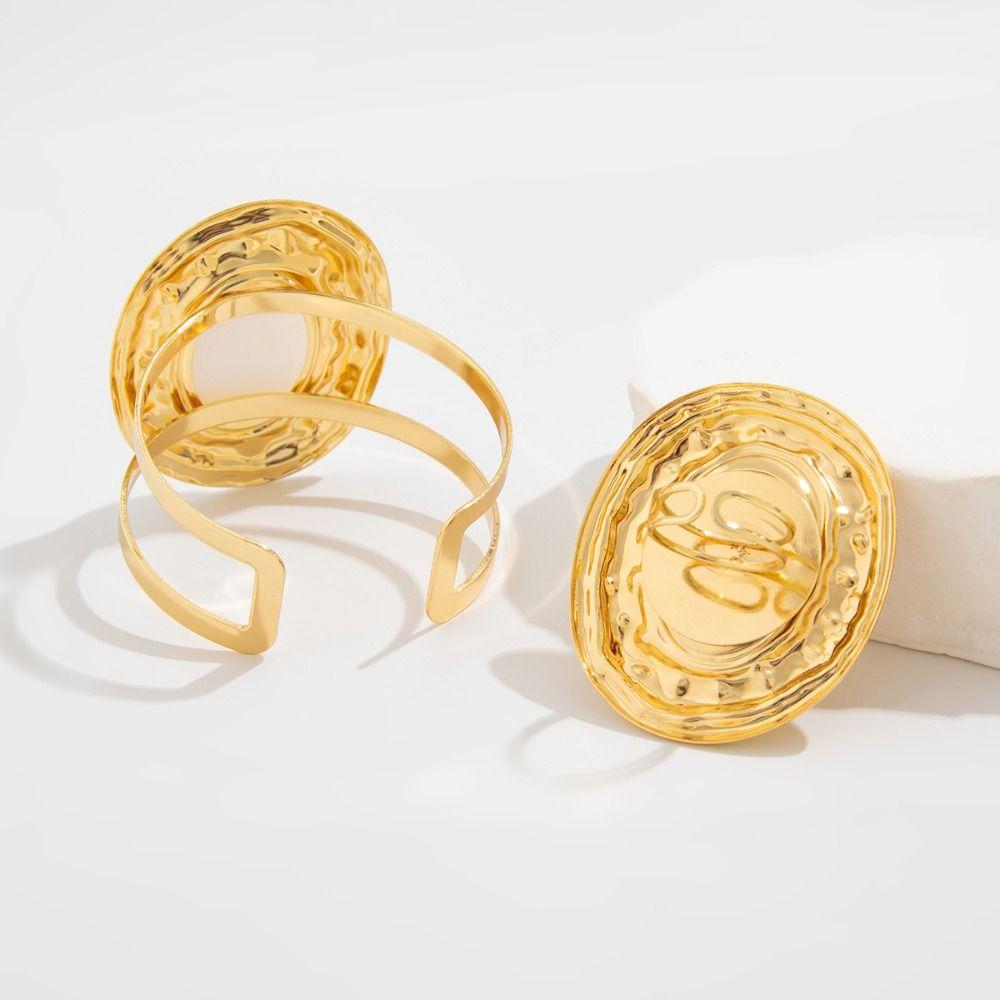 2pcs/set Vintage Exaggerated Bracelets Rings Set Geometric Irregular Wide Bracelets Oval Elliptical Cuff Bangles Women Jewelry