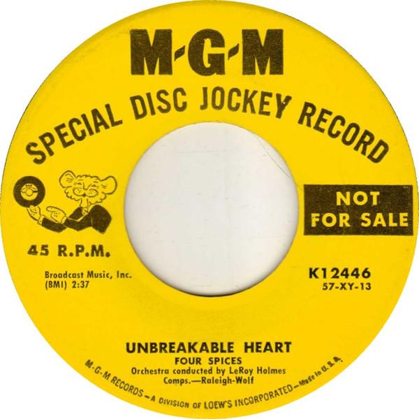 7-дюймовая пластинка FOUR SPICES Unbreakable Heart K12446PROMO MGM RECORDS 1957 США Поп Б/у