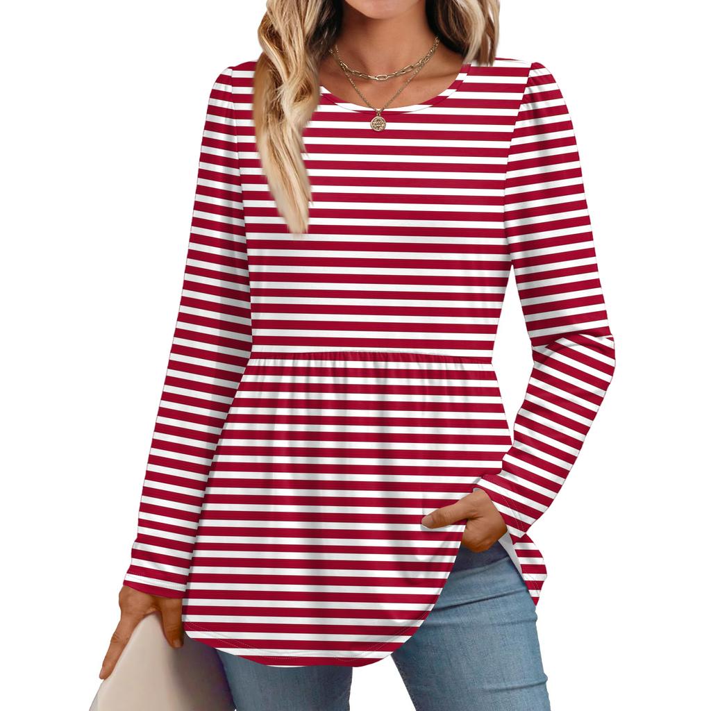 Women's Casual Fashion Long Sleeve Shirt Striped Tunic Top