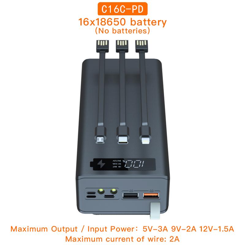 C16C 18650 DIY Power Bank Base с кабелем Micro USB Type C, фонариком, чехлом для быстрого зарядного устройства 18650, держателем для аккумулятора, зарядным устройством