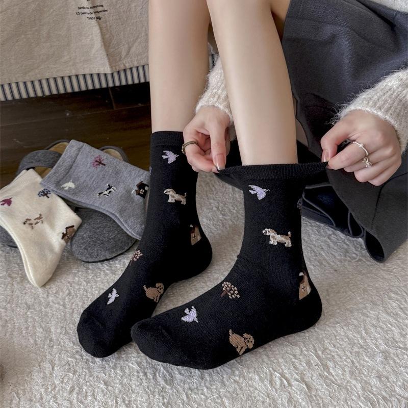 Ladies Autumn Winter Thickened Warm Cartoon Animal Cute Dog Wool Drum Pile Socks