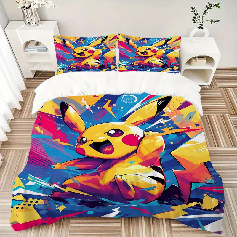 3Pcs Pikachu Energy Burst Bedding Set Soft Fabric Duvet Cover Pillowcases Home Christmas Xmas Halloween Gift 1 Duvet Cover 2 Pillowcase N1460