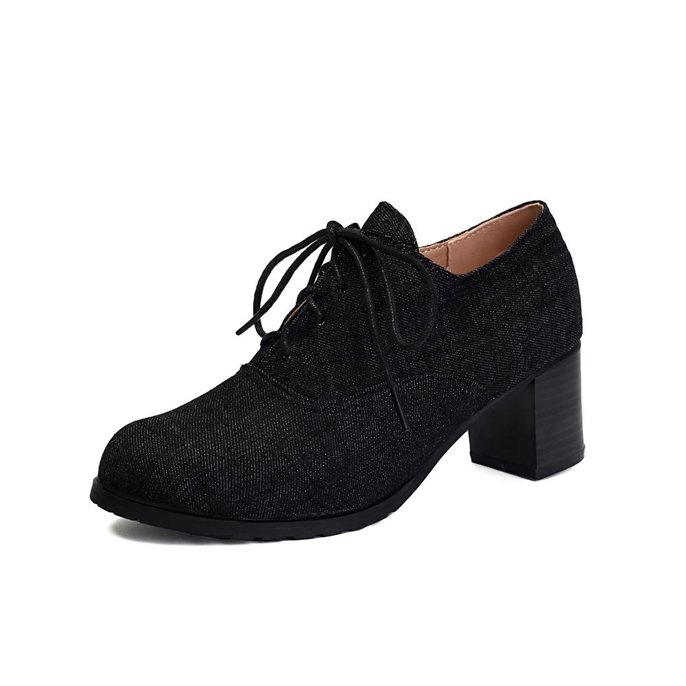 Мода Винтаж Деним Женские Туфли-Лодочки на Шнуровке Квадратный Каблук Круглый Носок Высокий Каблук Британский Стиль Оксфорды Осень Низкий Верх Студенческая Обувь Синие Ботинки