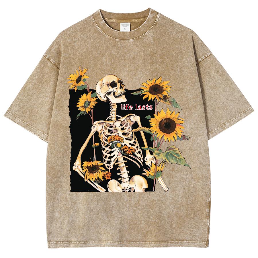 Летняя женская футболка Y2KЖенская одежда Распродажа Оверсайз Принт черепа и подсолнуха Свободный вываренный топ Тренд Короткий рукав