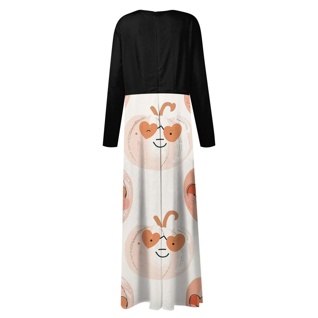 Женское модное повседневное платье макси с круглым вырезом и длинными рукавами