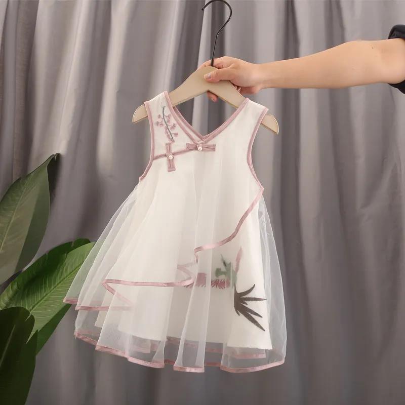 Платье для девочек, темпераментный Cheongsam, сетчатая юбка принцессы, детский жилет в китайском стиле, юбка трапециевидной формы без рукавов с круглым вырезом