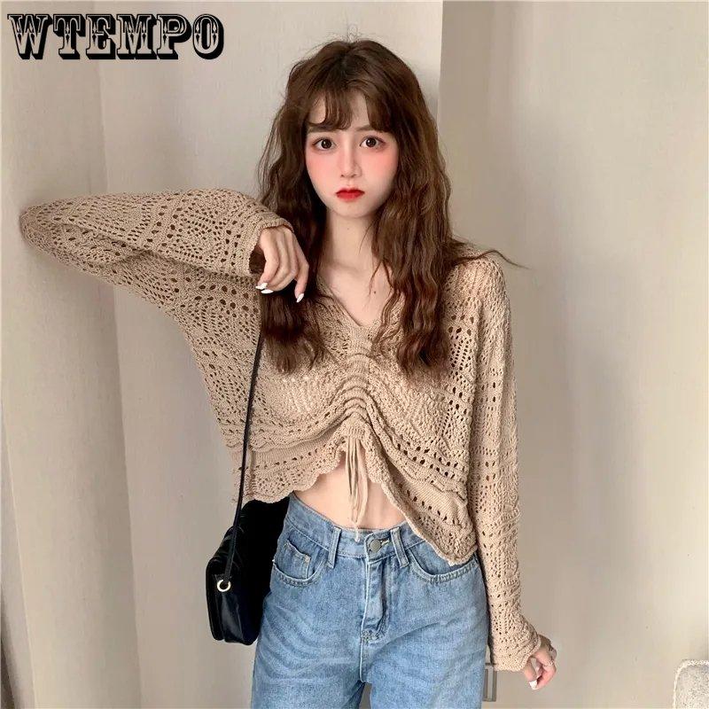 Женские вязаные топы в корейском стиле, весна-лето, свободные плиссированные короткие топы ярких цветов с v-образным вырезом и завязками