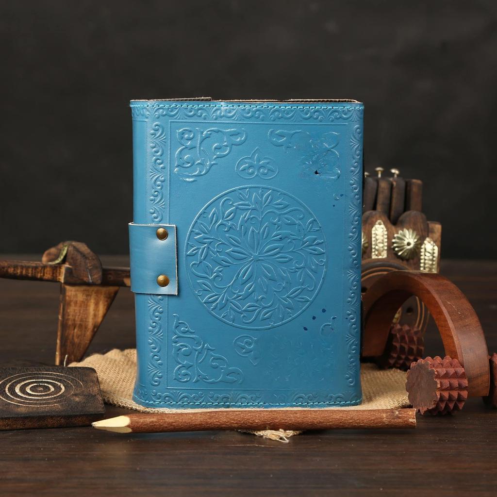 Handmade Antique Deckle Edge Paper Leather Diary, A5 Leather Diary with Blue Stone, Embossed Triple Moon, Antique Buckle Closure Journal
