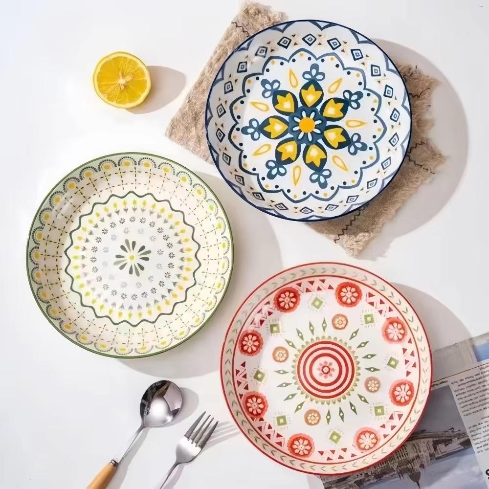 Bohemian Ceramic Plate Home Creative Western Food Plate Fruit Plate High-rimmed Round Plate High-value Oven Microwave Applicable
