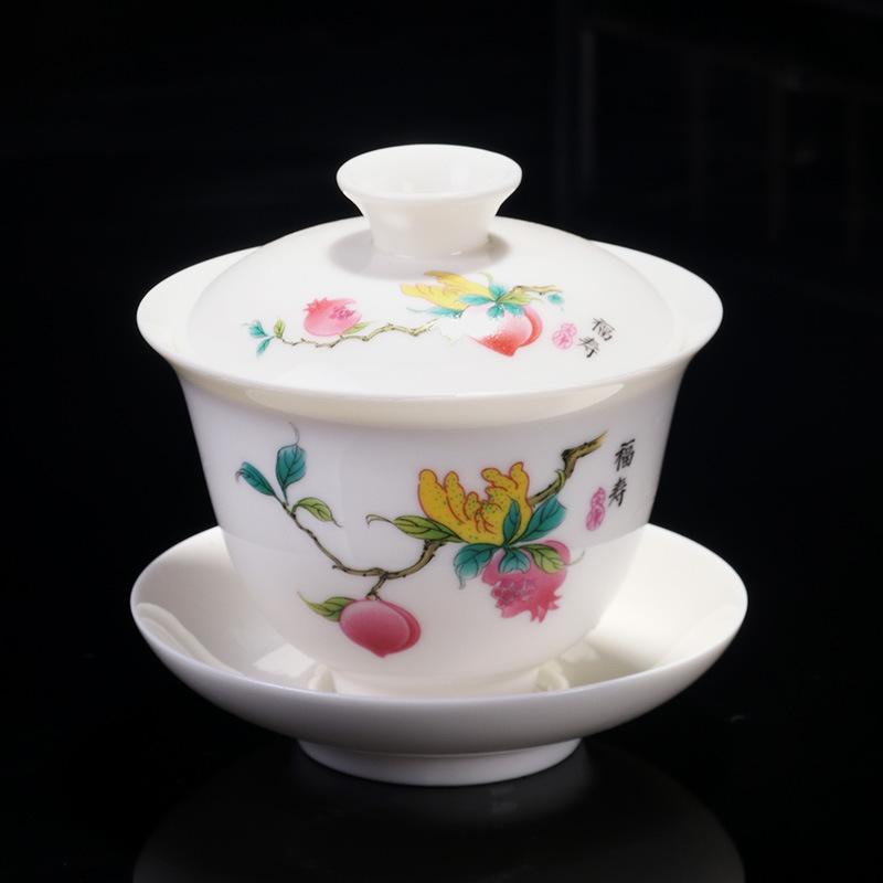 Jiang Taihui white porcelain underglaze color lotus cover bowl modern simple tea bowl semi-handmade ceramic tea set
