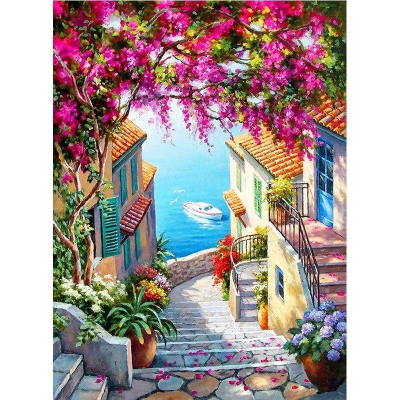 DIY Diamond Painting Landscape Sunset Sea Full Drill Embroidery Tree Scenery Mosaic Art Picture of Rhinestones Home Decoration