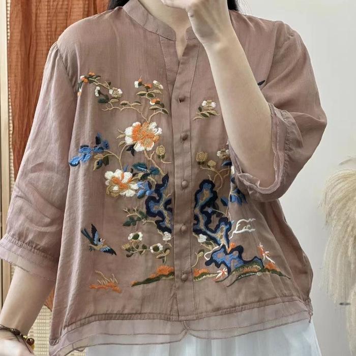 Women's Summer Chinese Style Embroidery Shirt Splicing Button Five-minute Sleeve Blouse