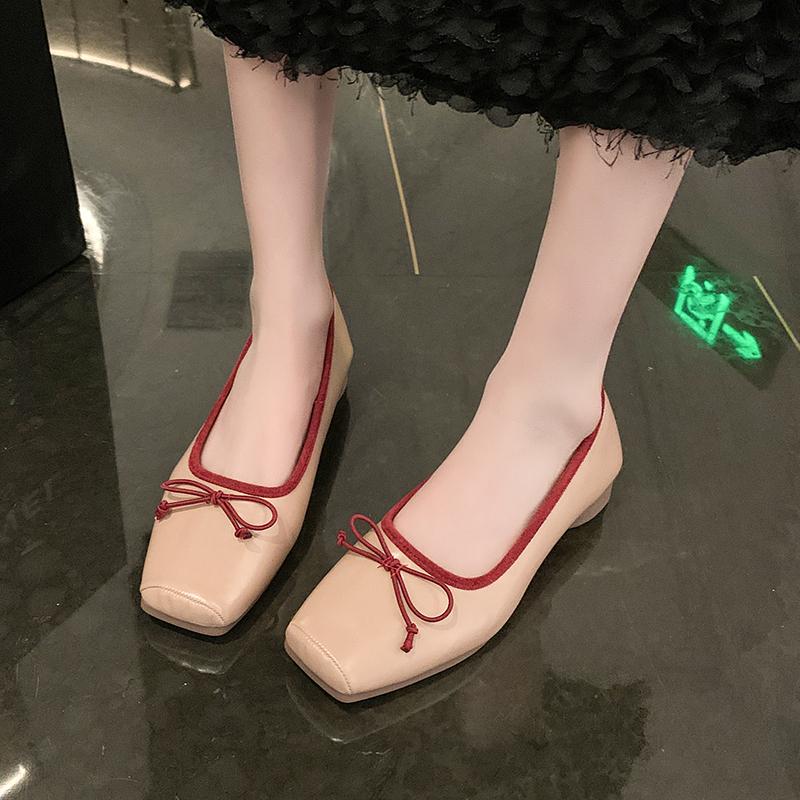 Модные туфли с бантом и квадратным носком, женские, удобные и элегантные, с неглубоким носком, разноцветные, женская обувь, на низком каблуке, балетки, повседневные