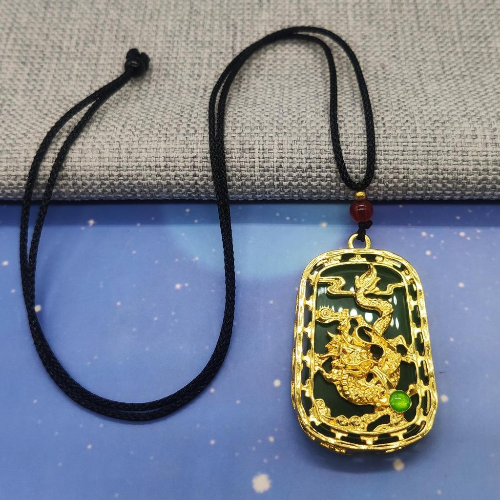 Gold Guanyin Maitreya Buddha Pendant with Dragon Year Zodiac Jade Necklace