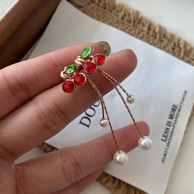 Little Red Cherry Earrings, Fresh and Sweet Temperament, Long Fringed Pearl Earrings, Women's Chinese New Year Festive Earrings.