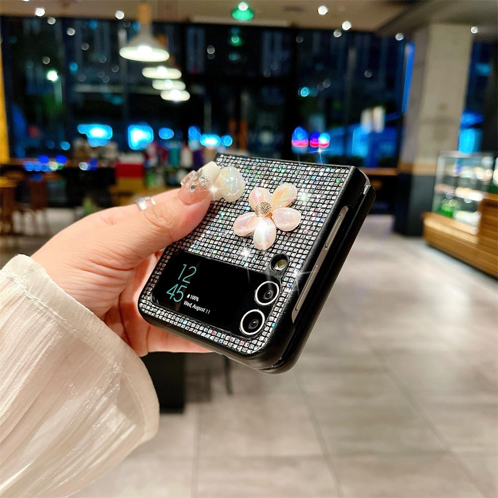 Роскошный чехол для телефона с бриллиантовым сердцем, зеркалом, жемчужным цветком и блестками для Samsung Galaxy Z Flip 3 4 5 6 5G