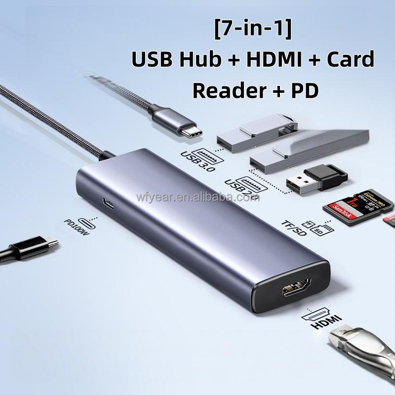 Многофункциональный адаптер-хаб 7-в-1 USB-C, multiportвый адаптер 2.0 4K 30 Гц для 2.0 7 USB 3.0 3,5 мм AUX, алюминиевый сплав, передача данных, в наличии