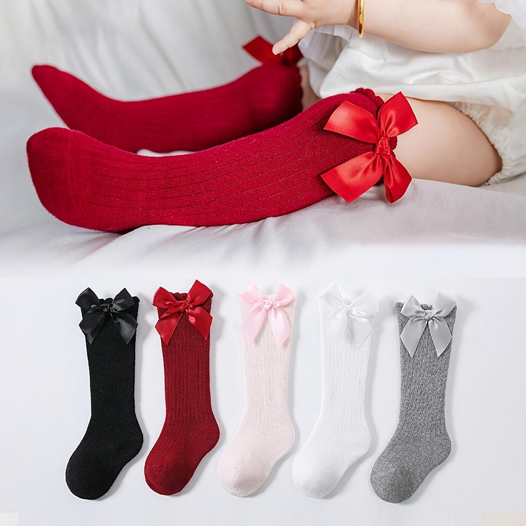 high quality5-Pack Girls' Solid Color Over-the-Knee (OTK) Socks with Bow - All-Season Thigh-High Stockings, Hand Wash Only, Durable for Uniforms,