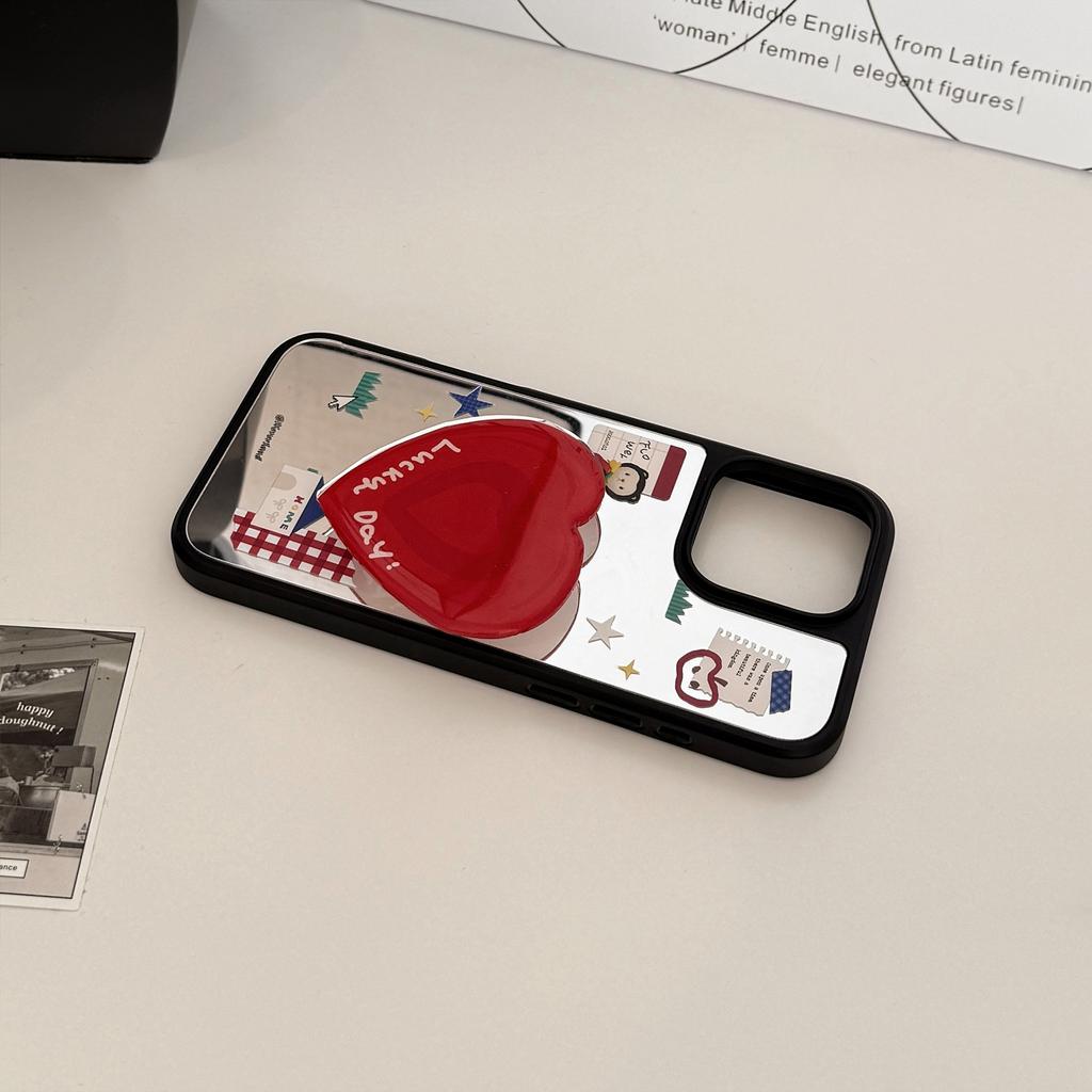 Korean-style cartoon case suitable for iPhone 16, 17 Pro Max, iPhone 14, mirror finish, 13, heart-shaped stand, 15