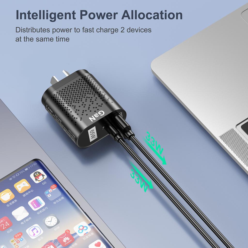 AU EU US UK Plug 65W GaN Charger Tablet Laptop Fast Charger USB Type C Quick Charger Mobile Phone Charger For iPhone POCO