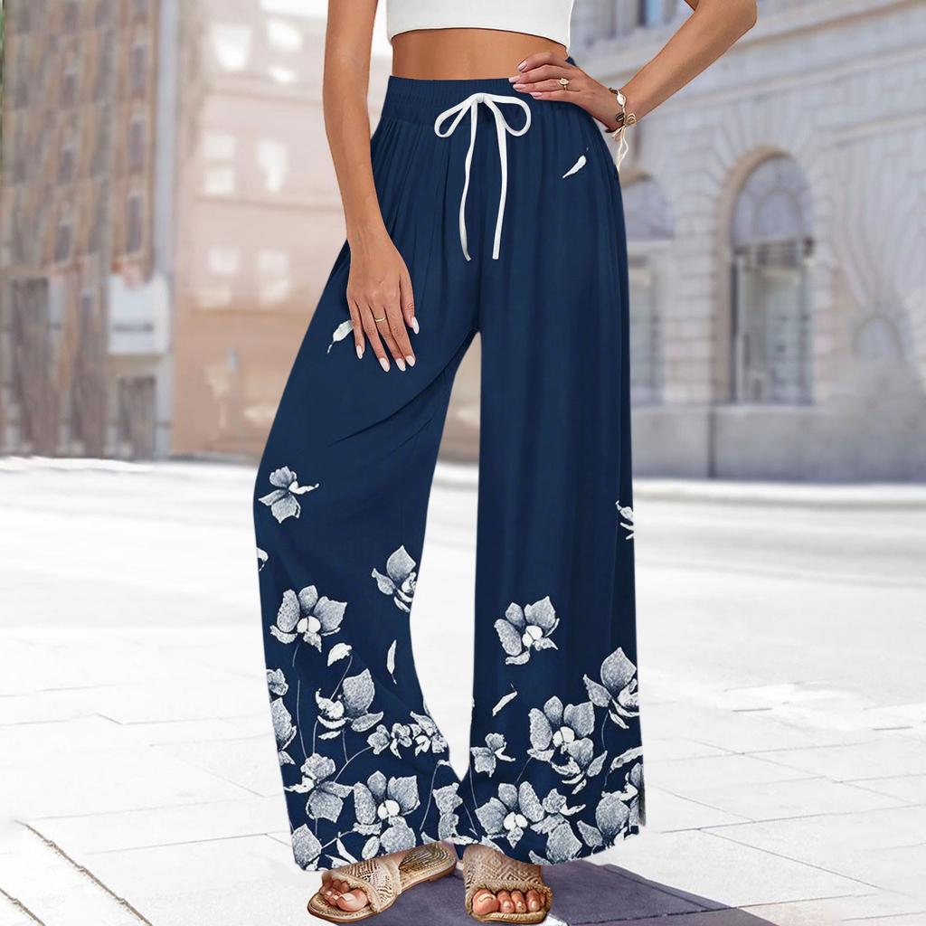 Женские брюки с принтом и широкими штанинами, с карманами, с высокой талией, на кулиске, свободные, повседневные