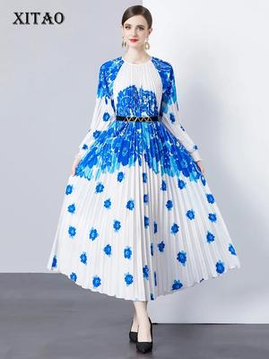 Плиссированные платья с длинными рукавами и принтом, свободные повседневные женские платья DMJ3897