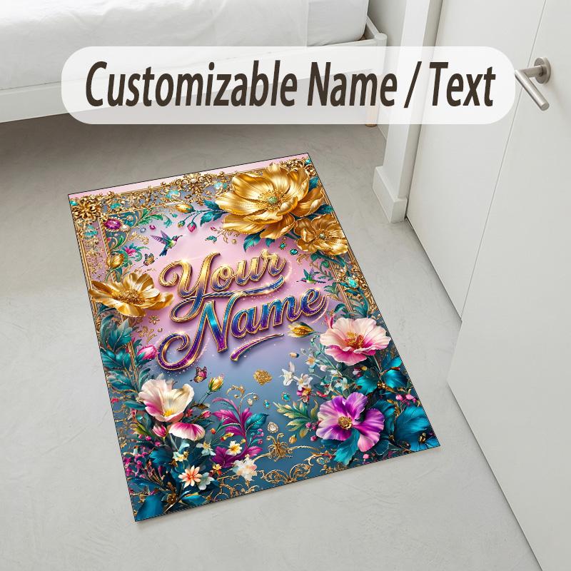 Floral Garden Theme Crystal Velvet Rug Personalized Custom Name Text Soft Floor Mat Home Decor